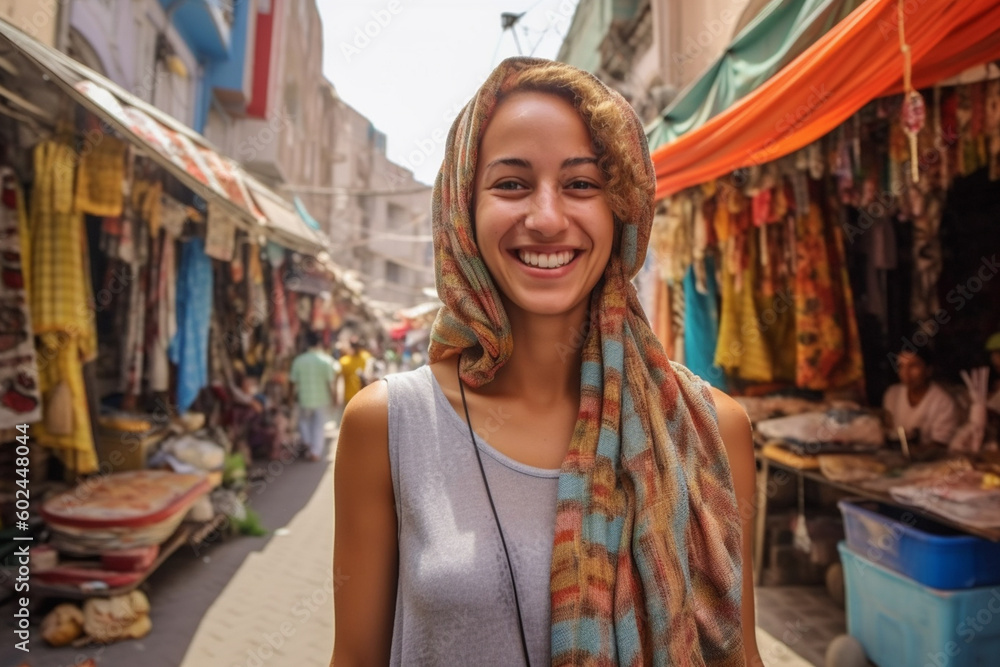 young woman with headscarf sun protection, traveling or at home in the tropics, joyful radiant face, satisfied and happy while walking on a small side street. Generative AI young woman with headscarf sun protection, traveling or at home in the tropics, joyful radiant face, satisfied and happy while walking on a small side street. Generative AI