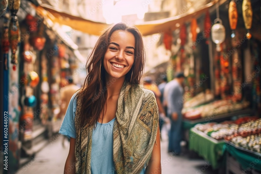 Fototapeta premium young awakened woman in a summery environment, traveling or at home in the tropics, joyful radiant face, satisfied and happy while walking on a small side street. Generative AI