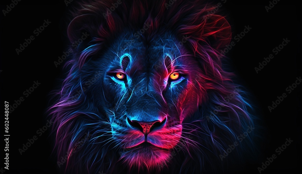 The Neon Roar: Bioluminescent Lion Illustration in Fractal Fantasy Art Created with generative AI tools