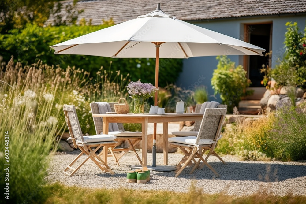 garden chairs, garden table and parasol in the garden, cozy at home in the garden. Generative AI - obrazy, fototapety, plakaty 