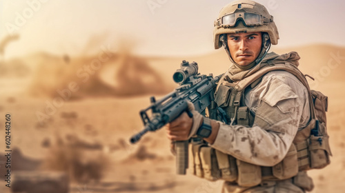 soldier in soldier's uniform with large rifle weapon, soldier's helmet, in desert area or similar, fictitious place