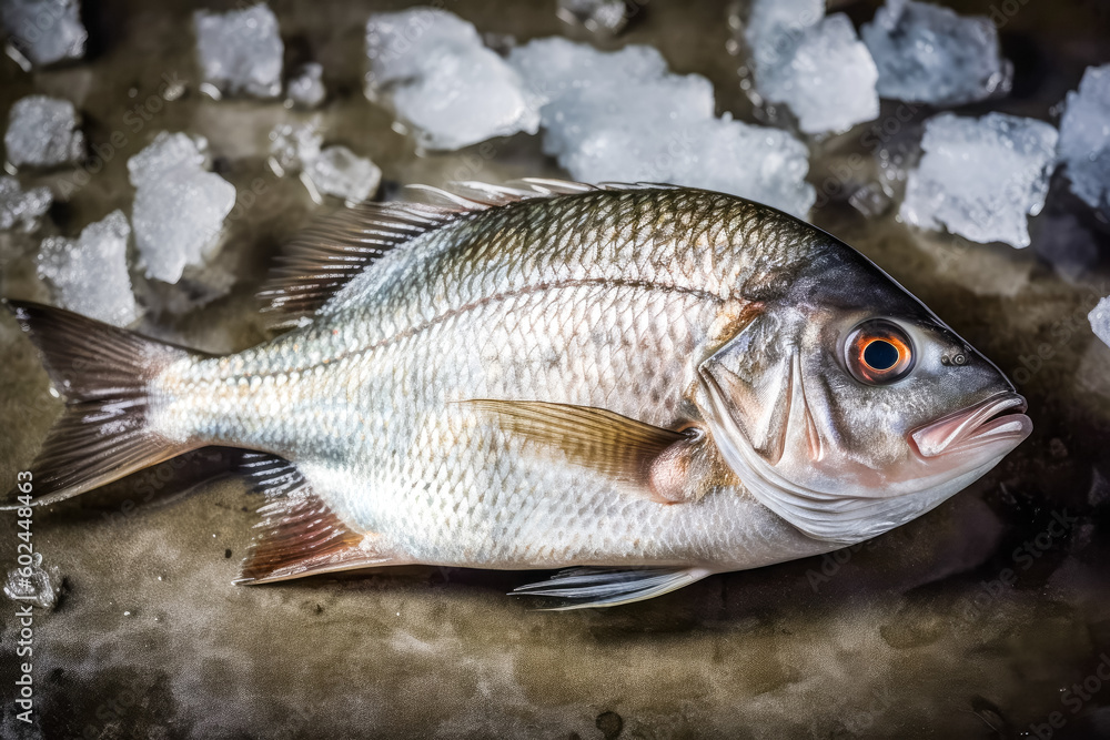 top down view of raw sea bream fish dorado in ice. space for text. generative AI top down view of raw sea bream fish dorado in ice. space for text. generative AI