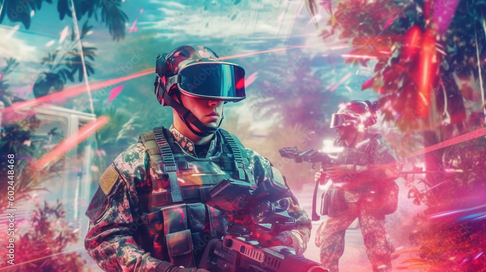 VR Soldiers at war with holograms and holographic elements,virtual reality for reconnaissance, soldiers in uniform with guns. Generative AI VR Soldiers at war with holograms and holographic elements,virtual reality for reconnaissance, soldiers in uniform with guns. Generative AI