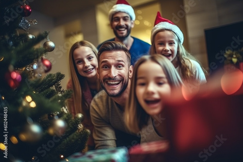 christmas tree and christmas gifts, family at home in the living room