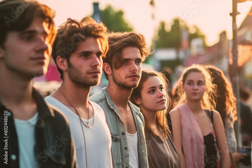 friends in the group outside in front of the blocks of flats, many teenagers or people are stuck, free time and strolling through the city and hanging out and chilling. Generative AI