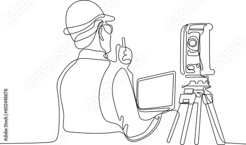 Close up of Caucasian worker with helmet on head using tablet for work while standing in warehouse. Surveyor with a tripod icon. Geodesic tripod. Vector illustration