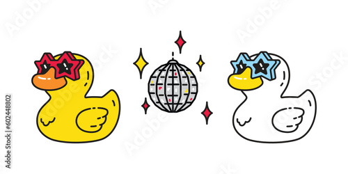 duck vector icon cartoon rubber duck disco ball dancing logo shower bathroom bird chicken character symbol doodle isolated illustration design