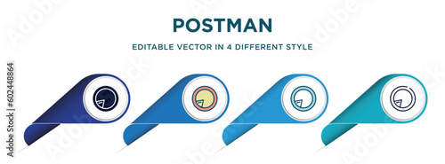 postman icon in 4 different styles such as filled, color, glyph, colorful, lineal color. set of vector for web, mobile, ui