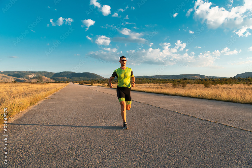 Obraz premium Triathlete in professional gear running early in the morning, preparing for a marathon, dedication to sport and readiness to take on the challenges of a marathon. 