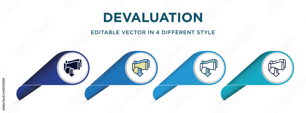 devaluation icon in 4 different styles such as filled, color, glyph, colorful, lineal color. set of vector for web, mobile, ui devaluation icon in 4 different styles such as filled, color, glyph, colorful, lineal color. set of vector for web, mobile, ui