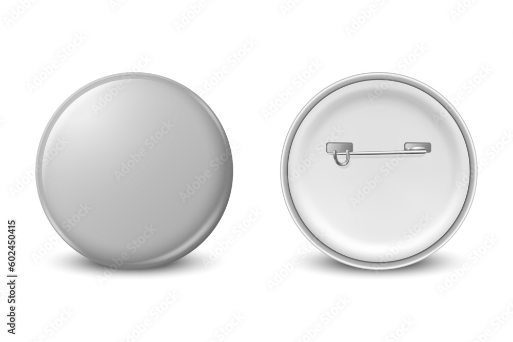 Vector 3d Realistic Gray Round Metal, Plastic Blank Empty Button Badge Icon CLoseup Isolated, Front, Back Side View. Button Pin Badge. Glossy Brooch Pin. Front View. Template for Branding, Mock-up Vector 3d Realistic Gray Round Metal, Plastic Blank Empty Button Badge Icon CLoseup Isolated, Front, Back Side View. Button Pin Badge. Glossy Brooch Pin. Front View. Template for Branding, Mock-up