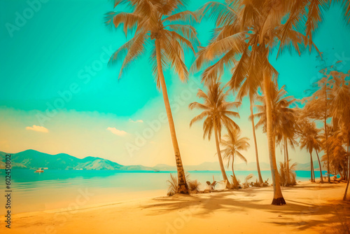 beach with many vintage palm trees  generative AI