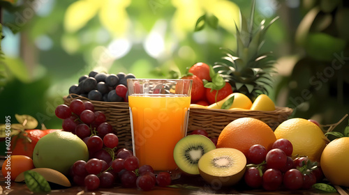 Fruit juice among fresh plucked fruits, front view.