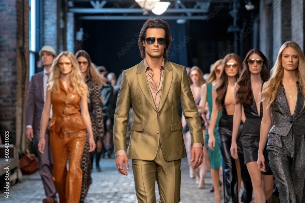 Male top model at fashion week show. AI generated, human enhanced