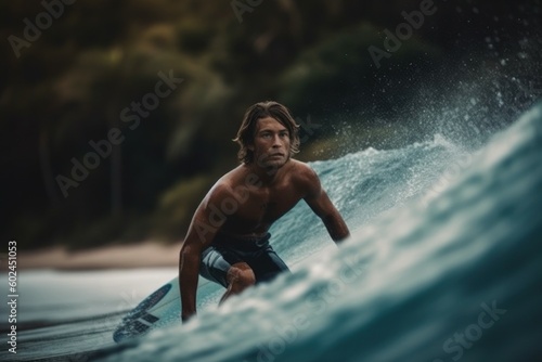 Surfer in the splashes of the sea wave. Young sports man. AI generated, human enhanced