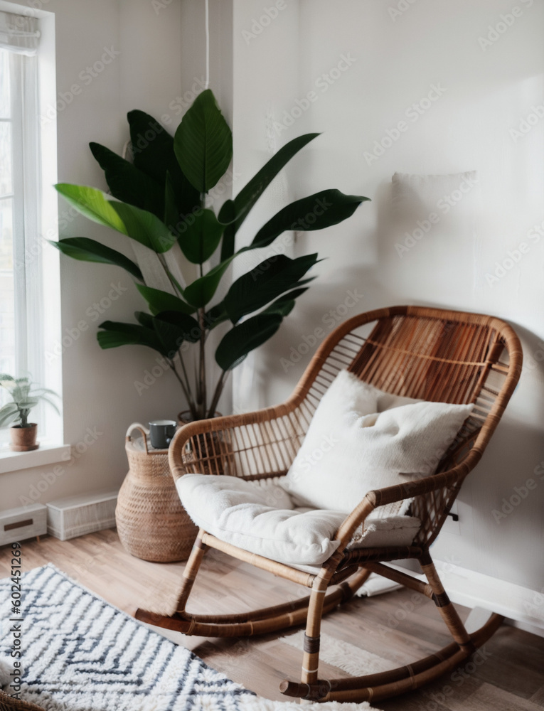 Interior design of a bohemian living room with a vintage rattan chair Rattan chair with cushions Generative Ai Indoor decor Modern and luxurious living room Illustration Stock Adobe Stock