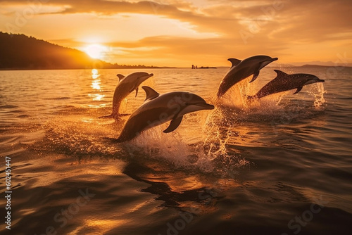 Playful group of dolphins leaping out of the water made with generative ai