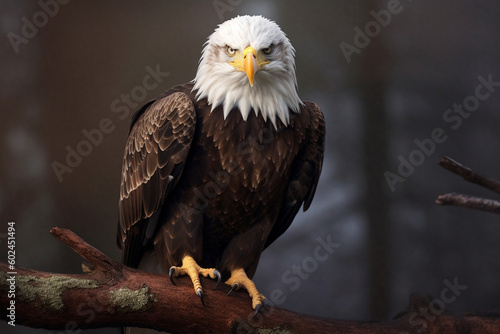 Powerful bald eagle perched on a branch made with generative ai