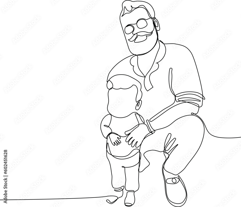 Hugs of a father with a child. One continuous line drawing banner, background, poster with family embrace. Happy Father Day simple vector illustration of child and father. Vector illustration