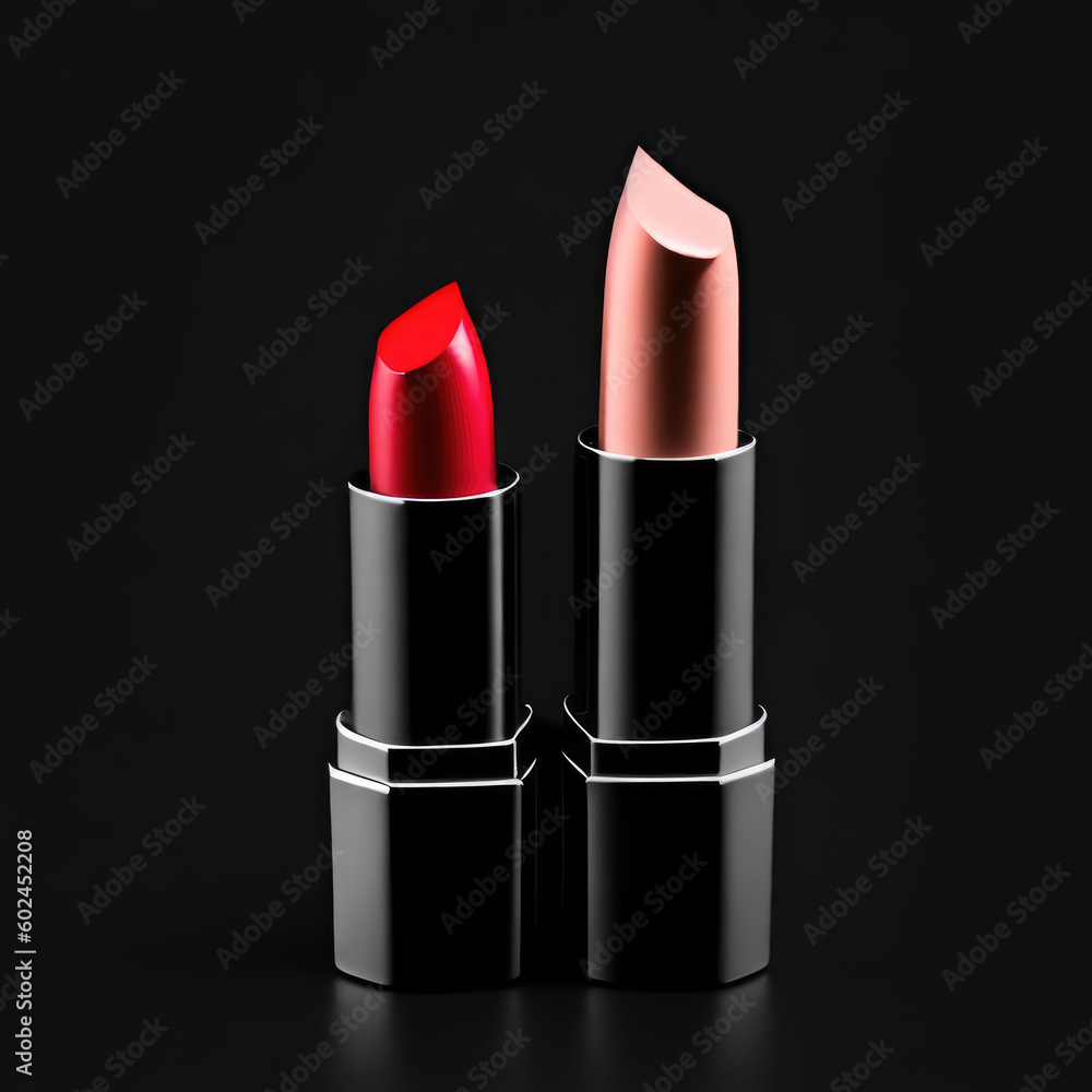 Obraz premium Female red/pink lipstick on black background. Generative AI