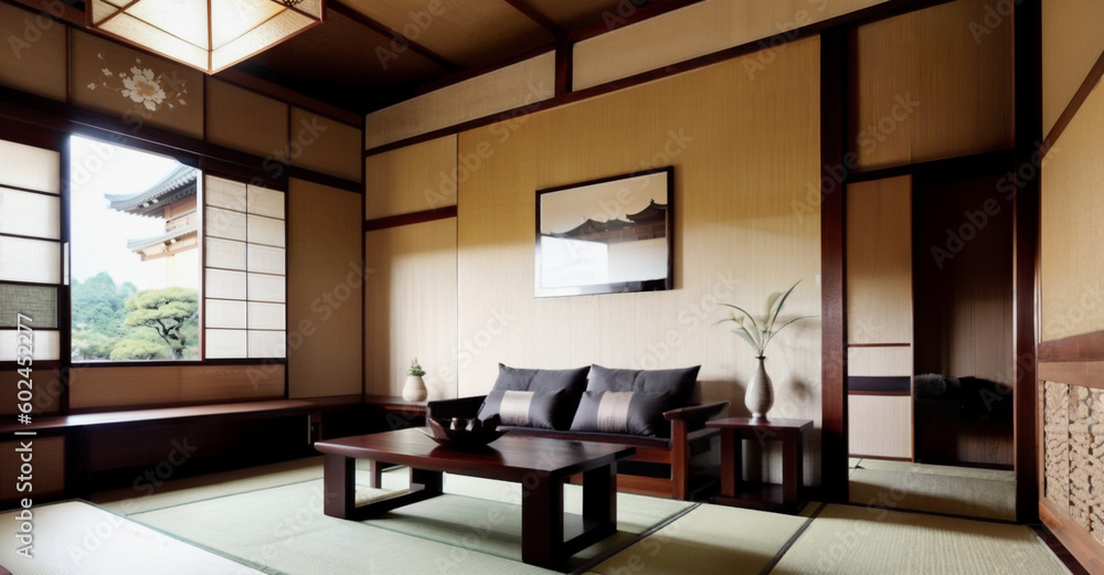 Interior design of a living room in Japandi interior design style with comfortable sofa, coffee table, armchair, and rug | Generative Ai | Indoor décor | Japanese furniture