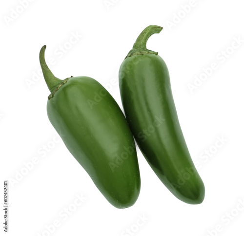 Green hot chili peppers isolated on white, top view