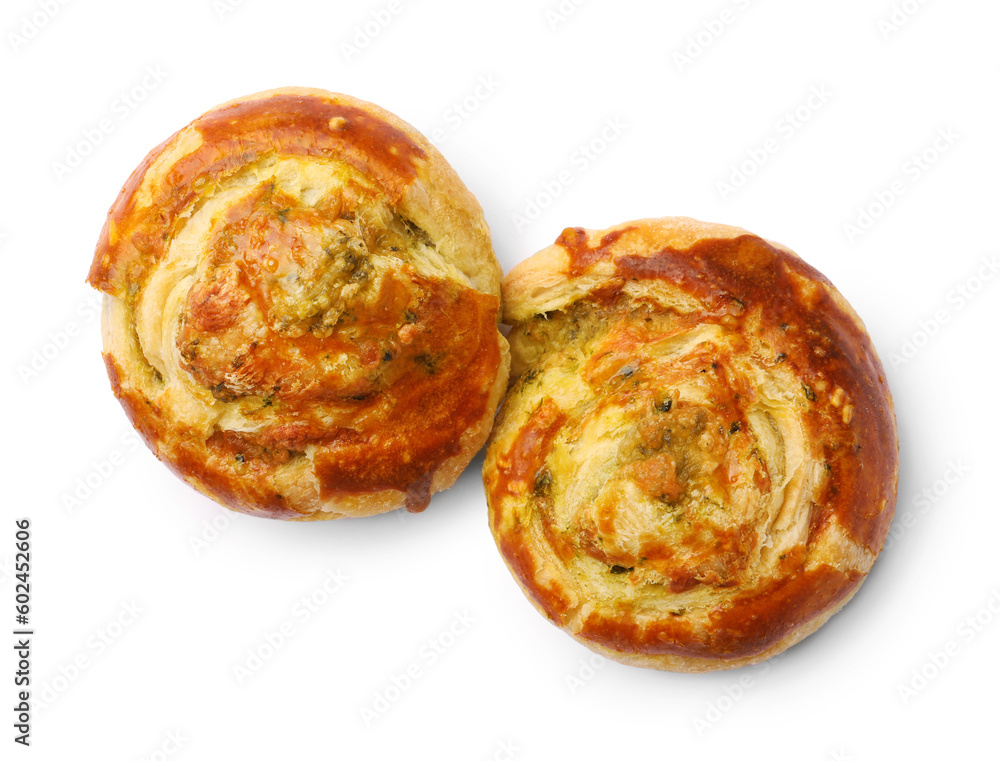 Fresh delicious puff pastry with tasty filling on white background, top view Fresh delicious puff pastry with tasty filling on white background, top view