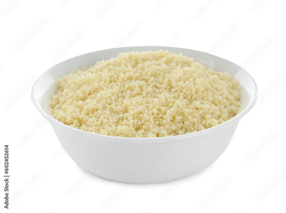 Bowl of tasty couscous on white background Bowl of tasty couscous on white background
