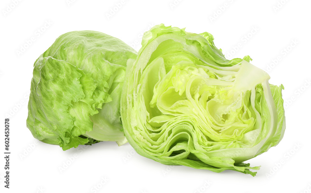Whole and cut fresh green iceberg lettuces isolated on white Whole and cut fresh green iceberg lettuces isolated on white