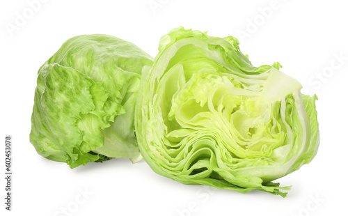 Whole and cut fresh green iceberg lettuces isolated on white © New Africa