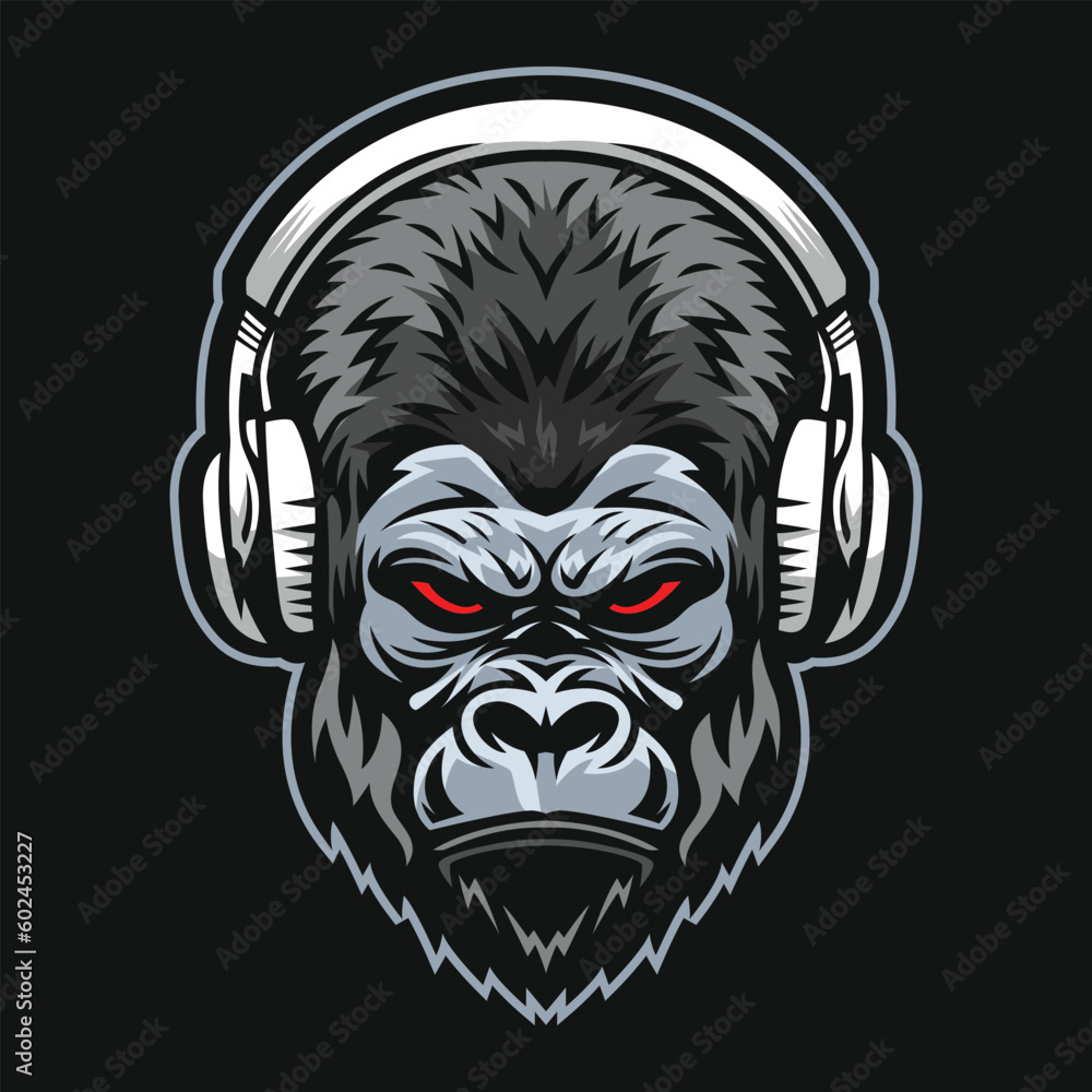 Head of gorilla wearing a headphone gaming or music - obrazy, fototapety, plakaty 