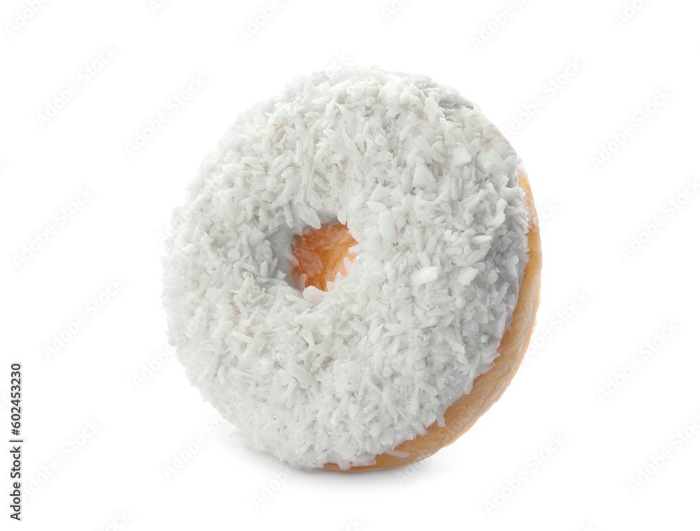 Tasty donut with coconut shavings on white background Tasty donut with coconut shavings on white background