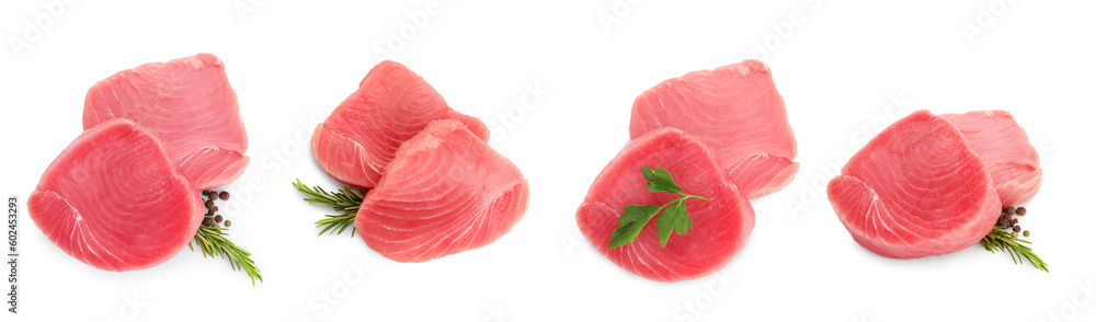 Collage with raw tuna steaks on white background Collage with raw tuna steaks on white background