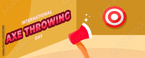 International Axe Throwing Day on 13 June Banner Background. Red Axe With Bullseye Concept. Horizontal Banner Template Design. Vector Illustration