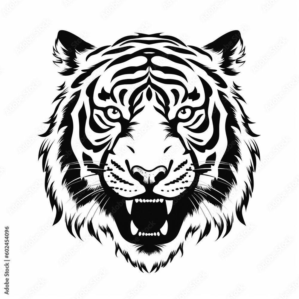 A tiger face in a black and white pattern - created with Generative AI technology A tiger face in a black and white pattern - created with Generative AI technology