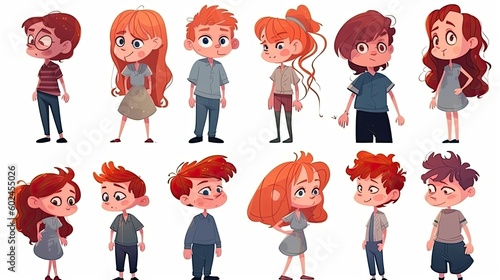 children in cartoon style concept art on a white background - generative AI