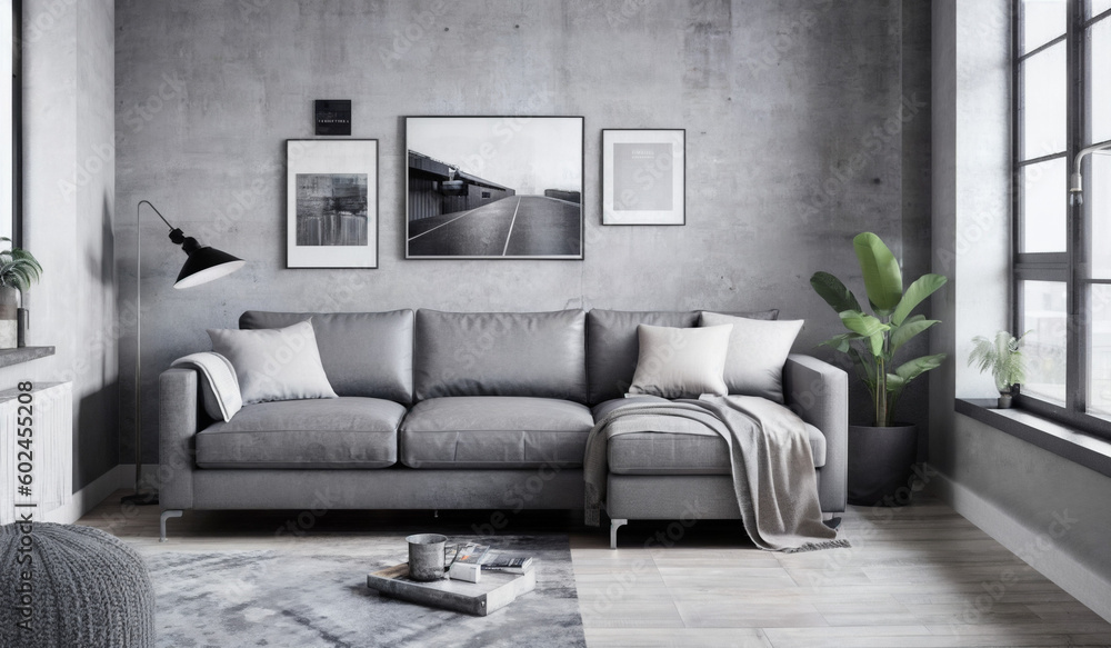 Interior design of a living room with grey long sofa and grey walls ...