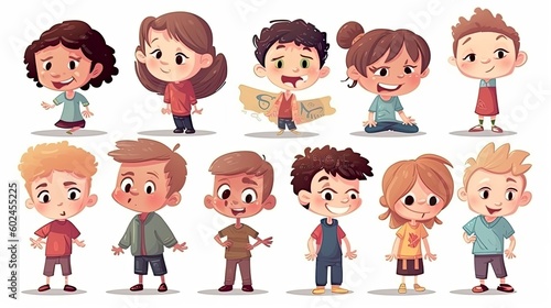 children in cartoon style concept art on a white background - generative AI