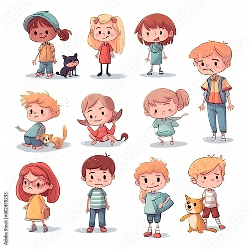 children in cartoon style concept art on a white background - generative AI