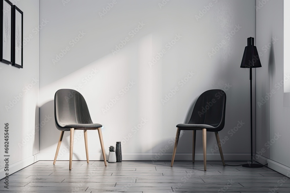 Two black chairs are shown vertically in a white room during the day. Generative AI Two black chairs are shown vertically in a white room during the day. Generative AI