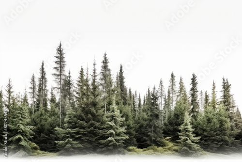A calm winter forest with a row of snow-covered trees on a white background is AI Generative. © sorapop
