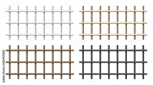 Realistic shiny metal prison bars isolated on white background. Detailed jail cage, prison iron fence. Criminal background mockup. Vector illustration