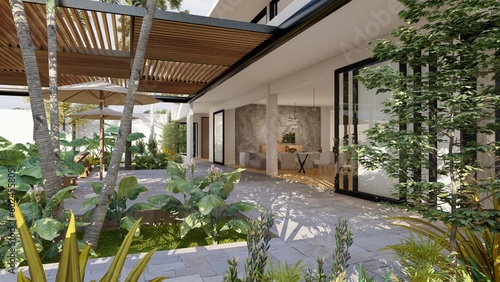 Fotografie View from the majestic garden of this house, towards the interior of the minimalist living room, kitchen and dining room, with materials such as wood, steel and concrete