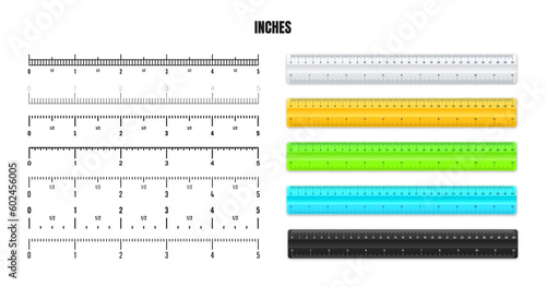 Realistic plastic rulers with black inch scale for measuring length or height. Various measurement scales with divisions. Ruler, tape measure marks, size indicators. Vector illustration