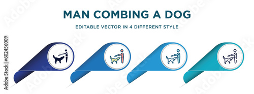 man combing a dog icon in 4 different styles such as filled, color, glyph, colorful, lineal color. set of vector for web, mobile, ui