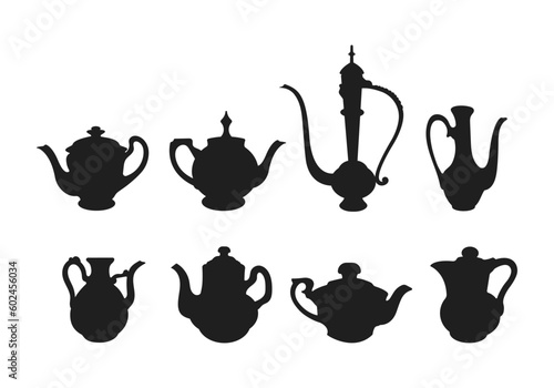 Silhouette of a teapot collection on a white background