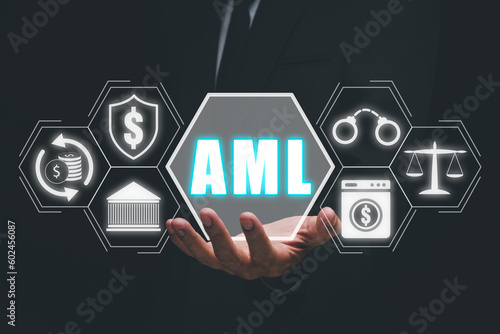 AML, Anti Money Laundering Financial Bank Business Concept, Person hand holding AML anti money laundering icon on vr screen. photo