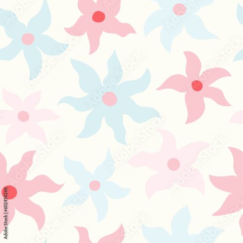 Seamless floral pattern with abstract flowers. Cool, fun, funky design in soft pink and blue colors. Simple repeat background wallpaper texture.
