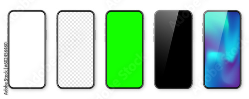 Smartphone with blank touch screen and abstract colorful wallpaper, green chroma key background. Frameless mobile phone in front view. High quality detailed device mockup. Vector illustration
