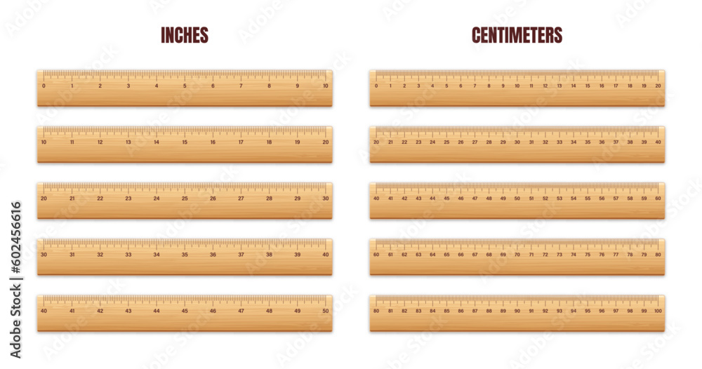 Realistic various wooden rulers with measurement scale and divisions ...